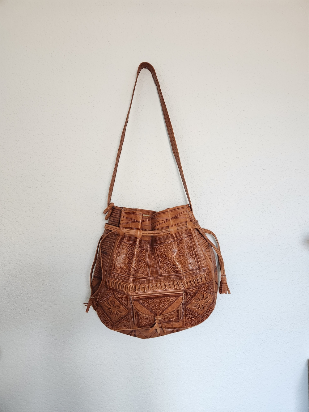 Handmade Tooled Leather Bucket Bag Austin TX Boho Crossbody